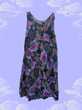 Black Floral Sleeveless Midi Dress with Purple & Teal Blooms
